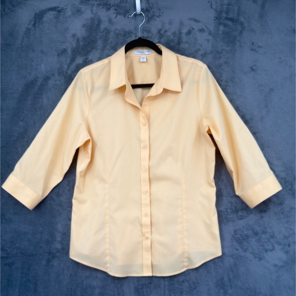 Coldwater Creek Shirt Womens Size L 14 Yellow No Iron Button Front Office Career